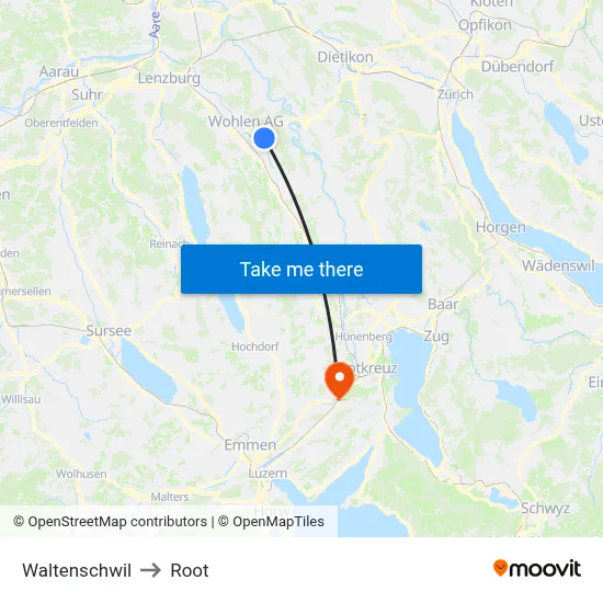 Waltenschwil to Root map