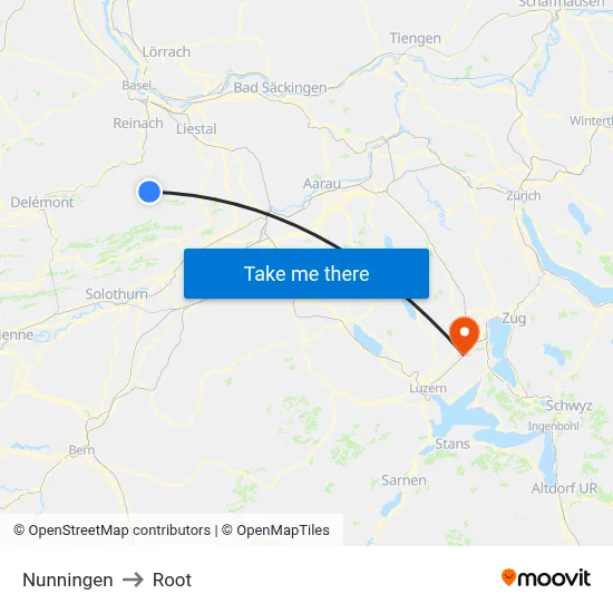 Nunningen to Root map