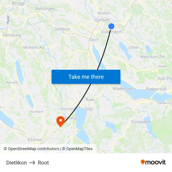 Dietlikon to Root map
