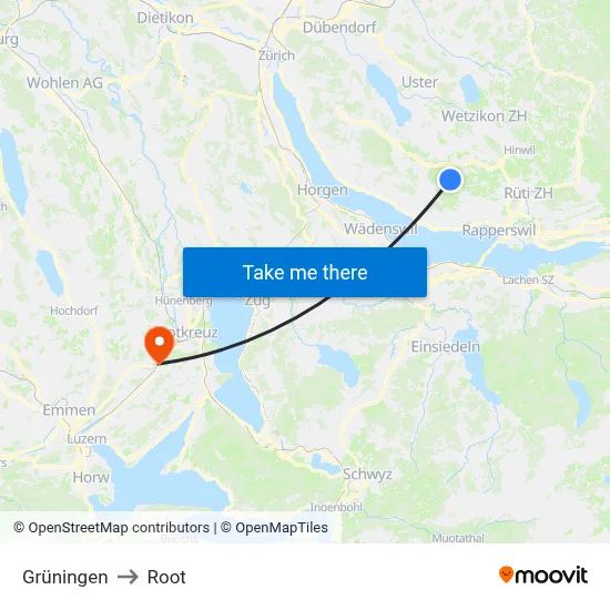 Grüningen to Root map