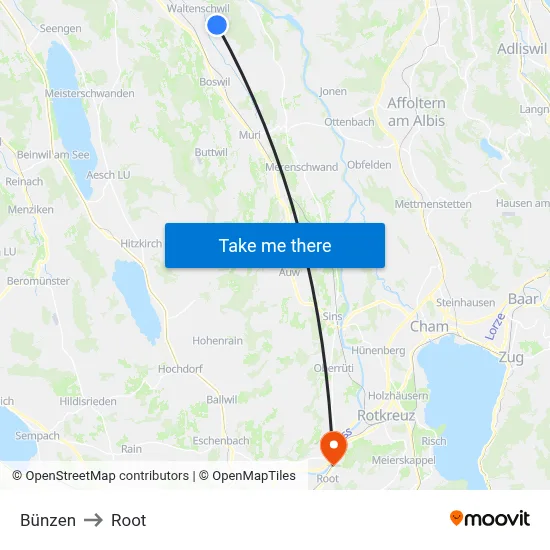 Bünzen to Root map