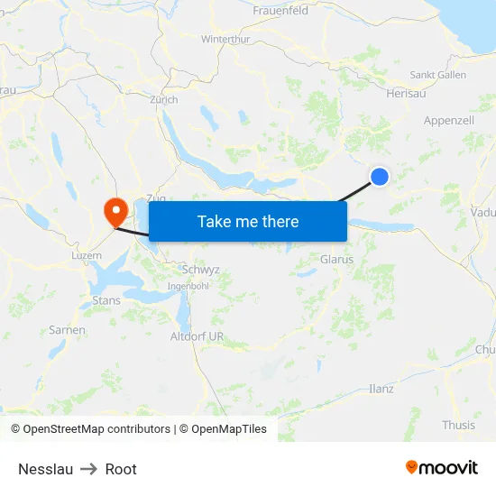 Nesslau to Root map