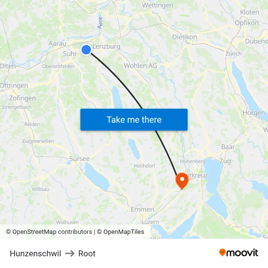 Hunzenschwil to Root map