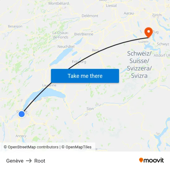 Genève to Root map
