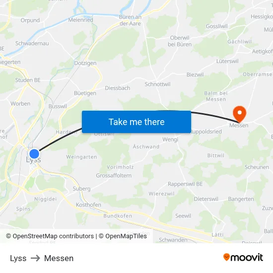 Lyss to Messen map