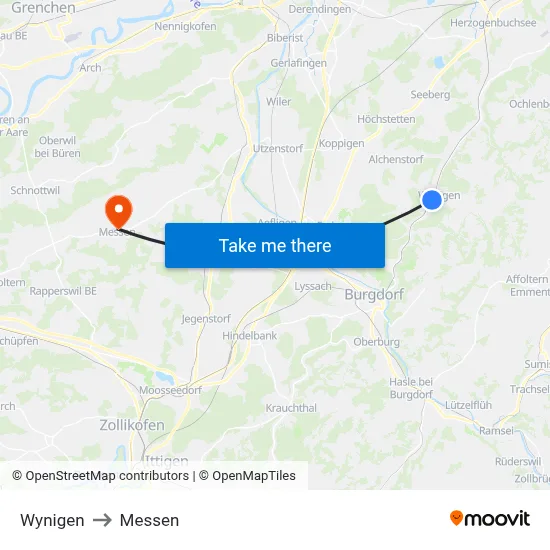 Wynigen to Messen map