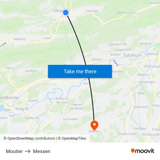 Moutier to Messen map