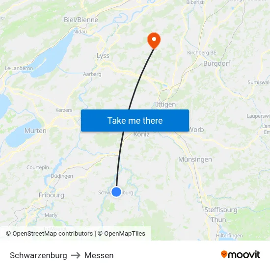 Schwarzenburg to Messen map