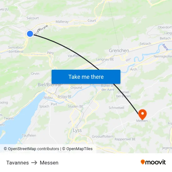 Tavannes to Messen map
