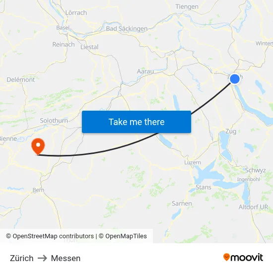 Zürich to Messen map