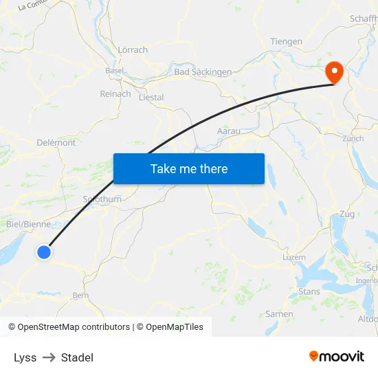 Lyss to Stadel map