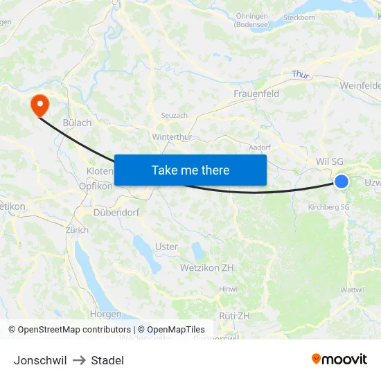 Jonschwil to Stadel map