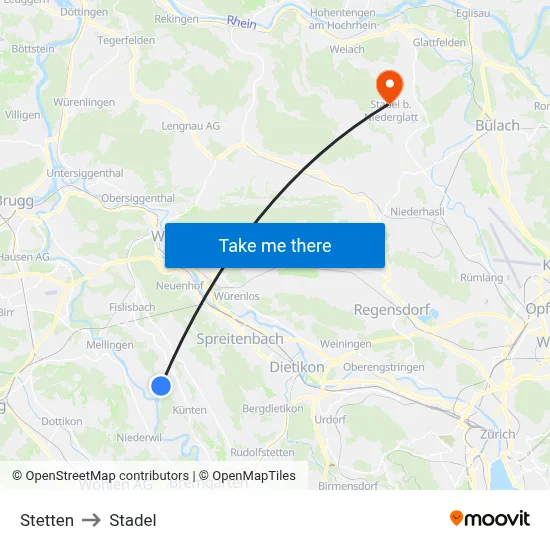 Stetten to Stadel map