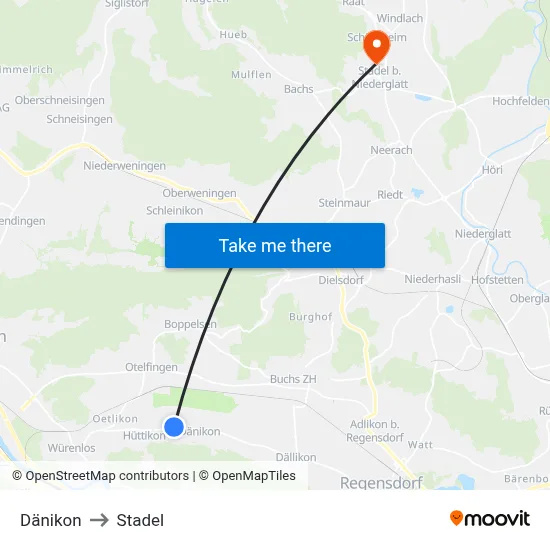 Dänikon to Stadel map