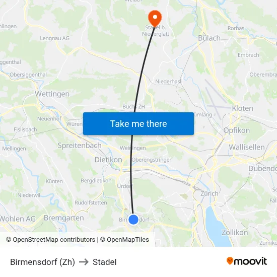 Birmensdorf (Zh) to Stadel map