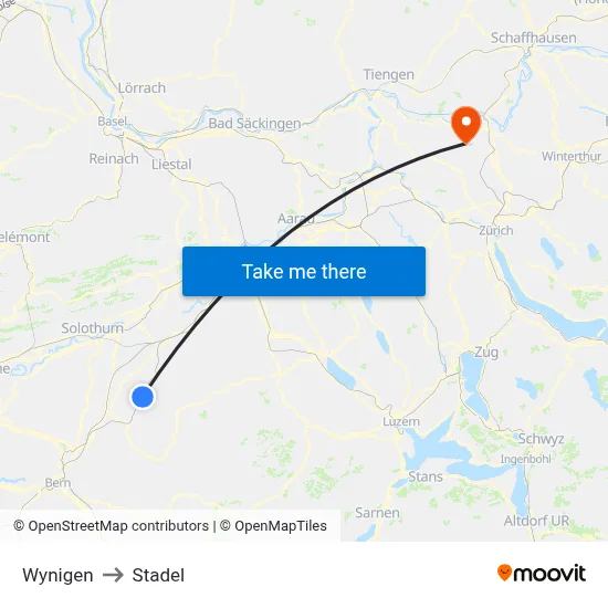 Wynigen to Stadel map