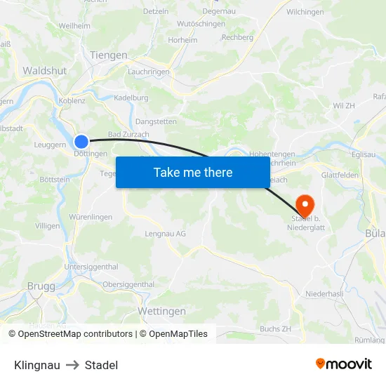 Klingnau to Stadel map