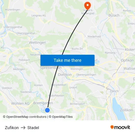 Zufikon to Stadel map