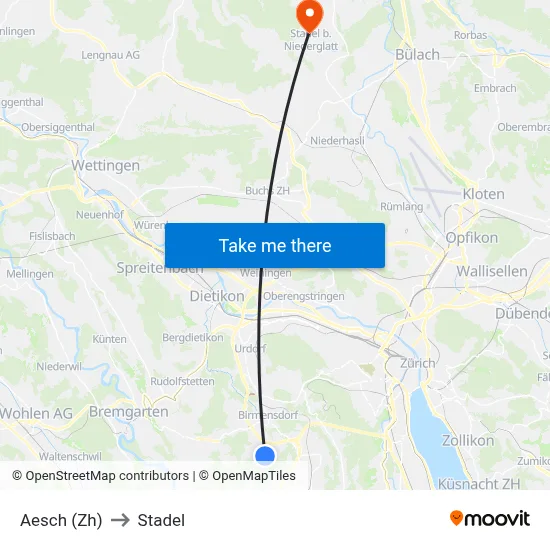 Aesch (Zh) to Stadel map
