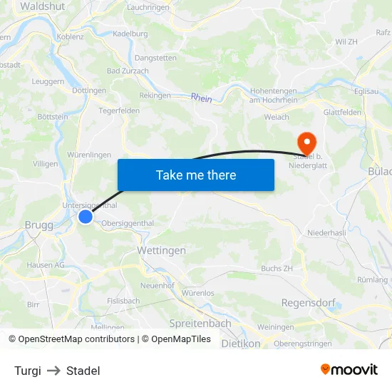 Turgi to Stadel map