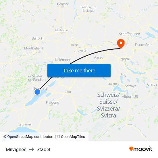 Milvignes to Stadel map