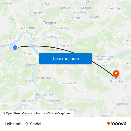 Leibstadt to Stadel map