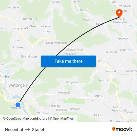 Neuenhof to Stadel map