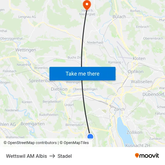 Wettswil AM Albis to Stadel map