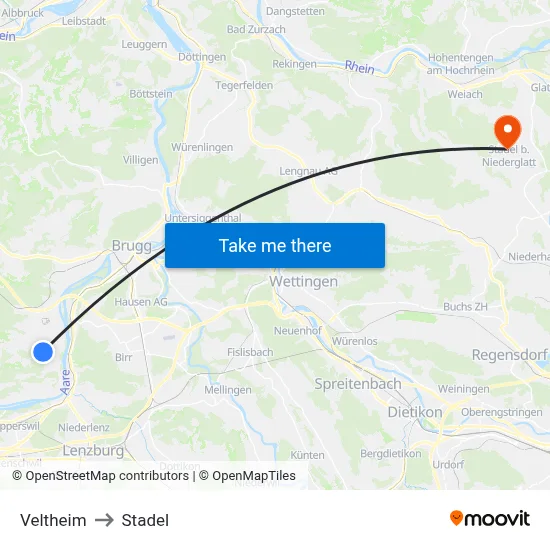 Veltheim to Stadel map