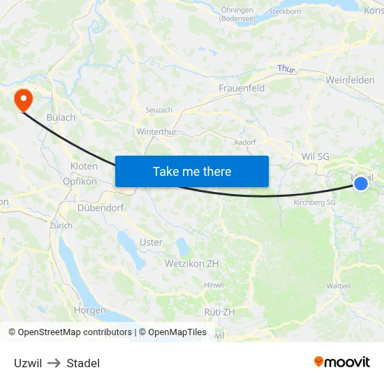 Uzwil to Stadel map