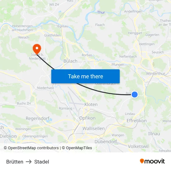 Brütten to Stadel map
