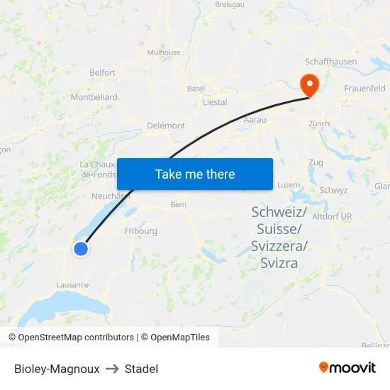 Bioley-Magnoux to Stadel map