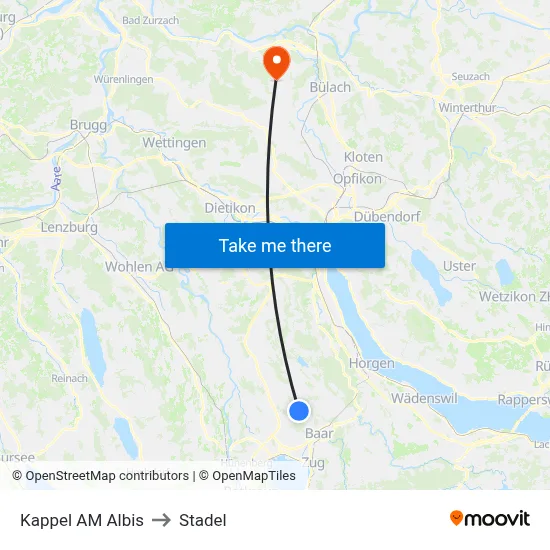 Kappel AM Albis to Stadel map