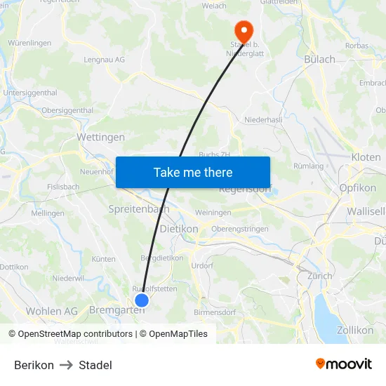 Berikon to Stadel map