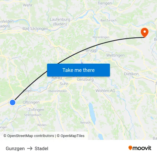 Gunzgen to Stadel map