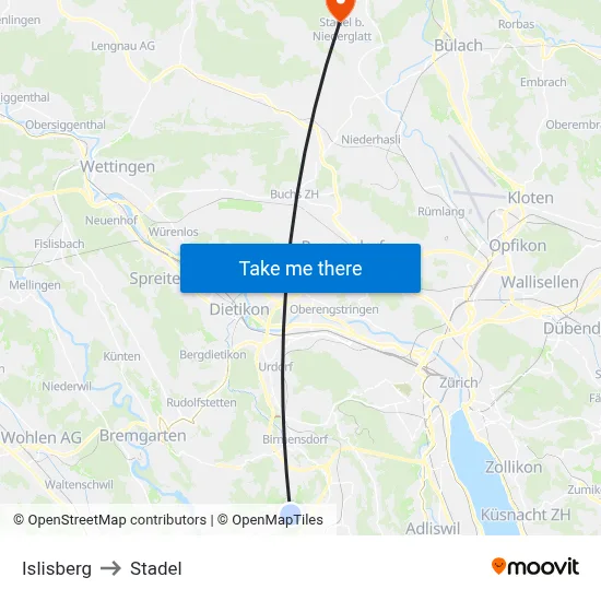 Islisberg to Stadel map