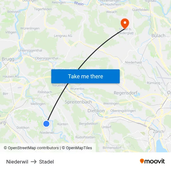 Niederwil to Stadel map