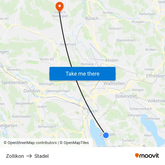 Zollikon to Stadel map