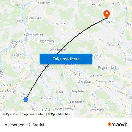 Villmergen to Stadel map