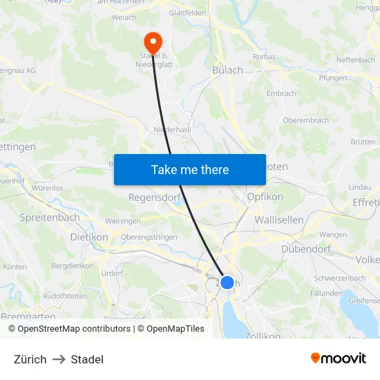 Zürich to Stadel map