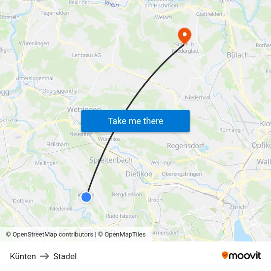 Künten to Stadel map