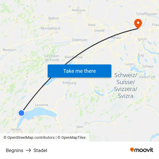 Begnins to Stadel map