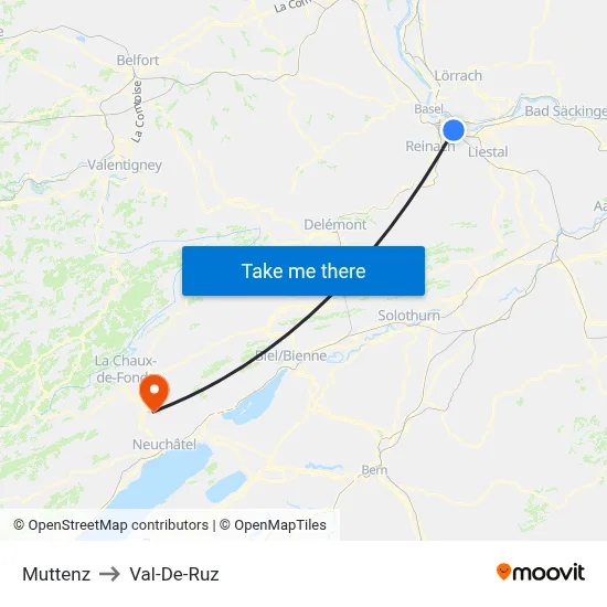 Muttenz to Val-De-Ruz map