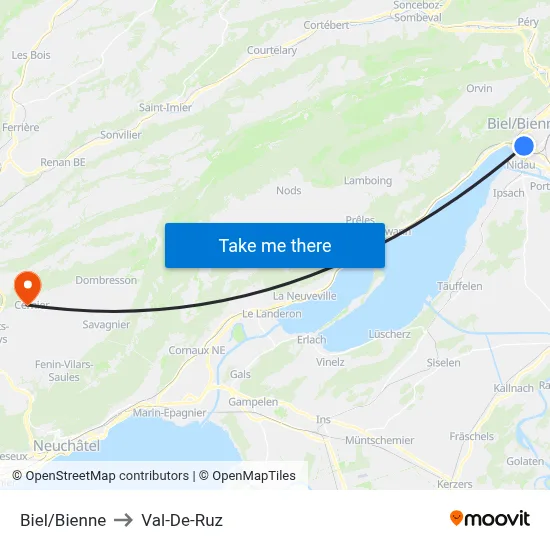 Biel/Bienne to Val-De-Ruz map