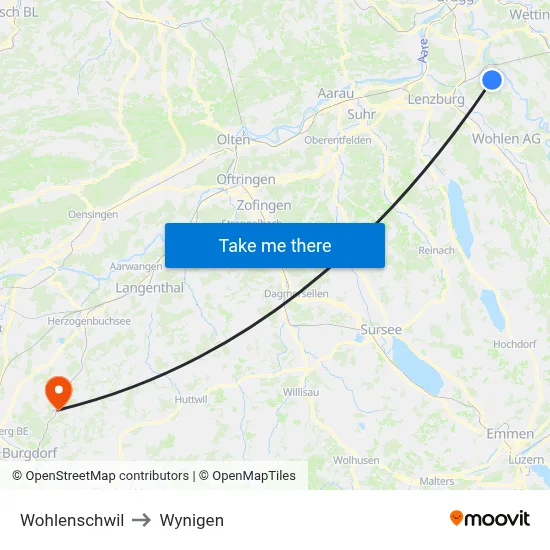 Wohlenschwil to Wynigen map
