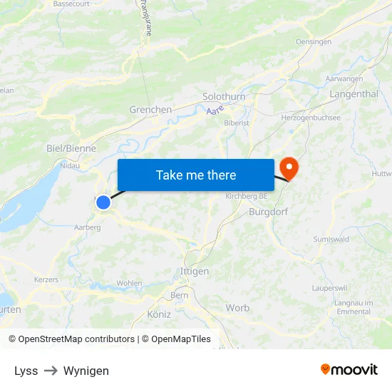 Lyss to Wynigen map
