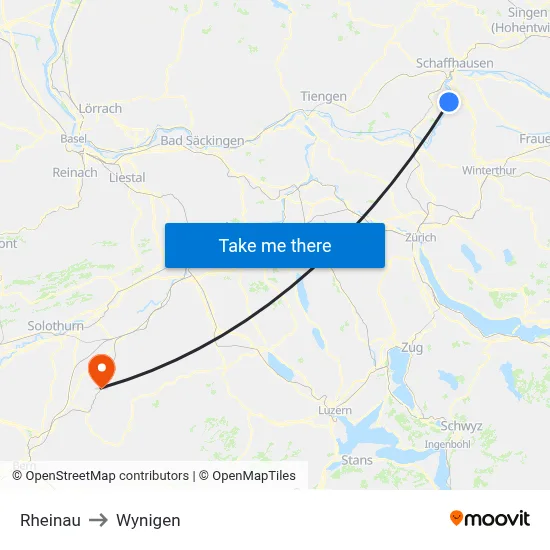 Rheinau to Wynigen map