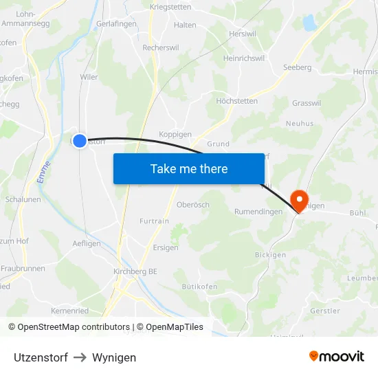 Utzenstorf to Wynigen map