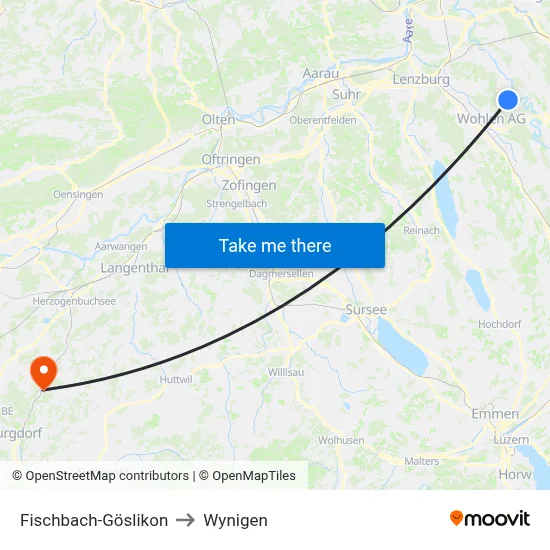 Fischbach-Göslikon to Wynigen map