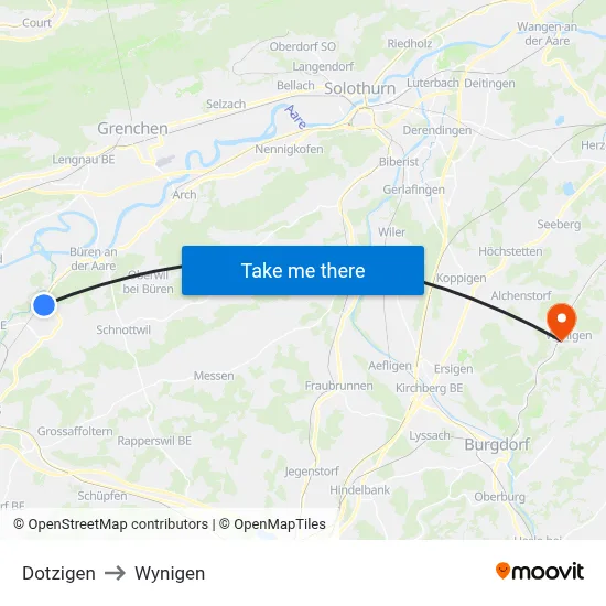 Dotzigen to Wynigen map